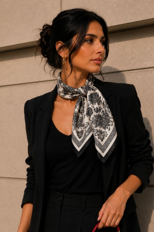 Arı Çiçek Desen Krem-Siyah Soft Bandana Fular 50x50 cm - Afvente
