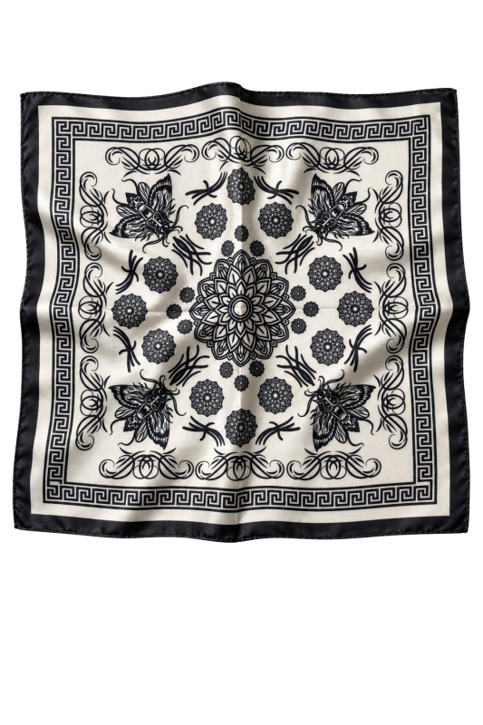 Arı Çiçek Desen Krem-Siyah Soft Bandana Fular 50x50 cm - 3