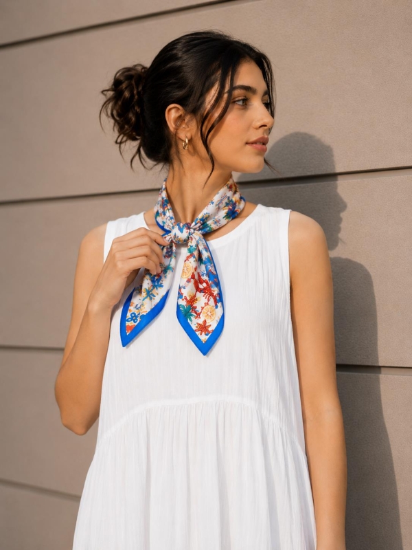 Deniz Desen Mavi-Turuncu Soft Bandana Fular 50x50 cm - 3