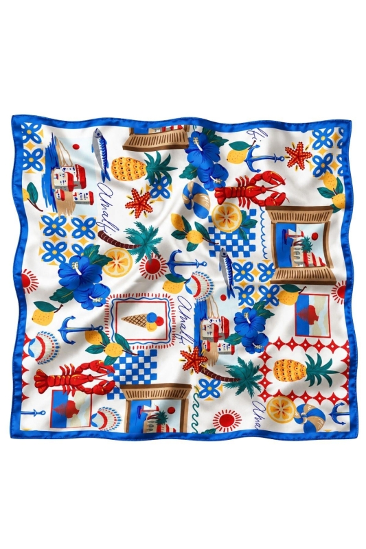 Deniz Desen Mavi-Turuncu Soft Bandana Fular 50x50 cm - 5