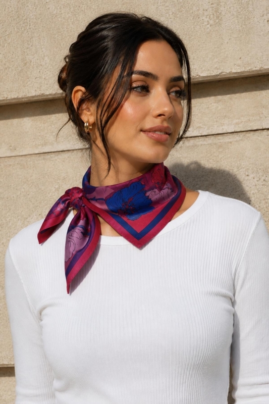 Dört Parça Çiçek Desen Mercan-Lila Soft Bandana Fular 50x50 cm - Afvente