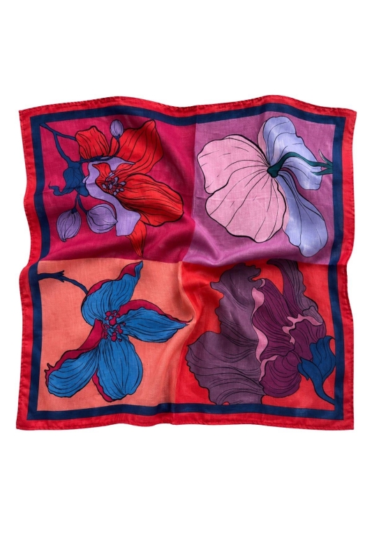 Dört Parça Çiçek Desen Mercan-Lila Soft Bandana Fular 50x50 cm - 3