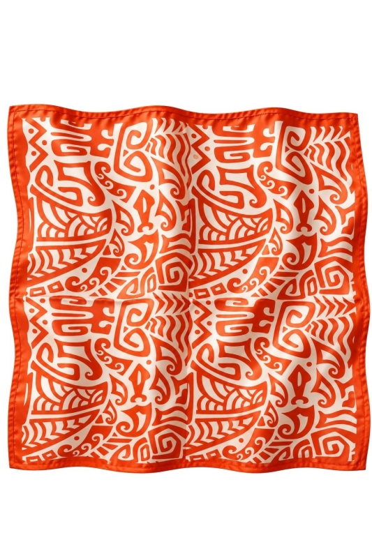 Etnik Okyanus Desen Turuncu-Krem Soft Bandana Fular 50x50 cm - 4