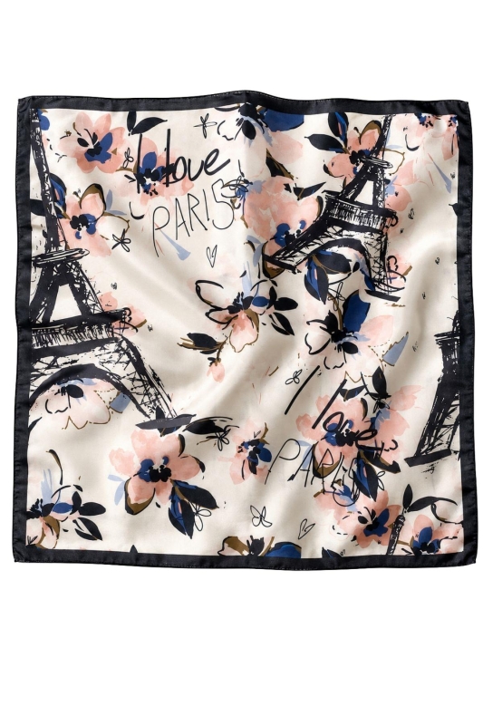 Eyfel Çiçek Desen Krem-Siyah Soft Bandana Fular 50x50 cm - 3