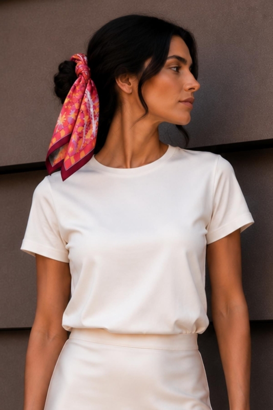 Eyfel Çiçek Desen Mercan-Bordo Soft Bandana Fular 50x50 cm - Afvente