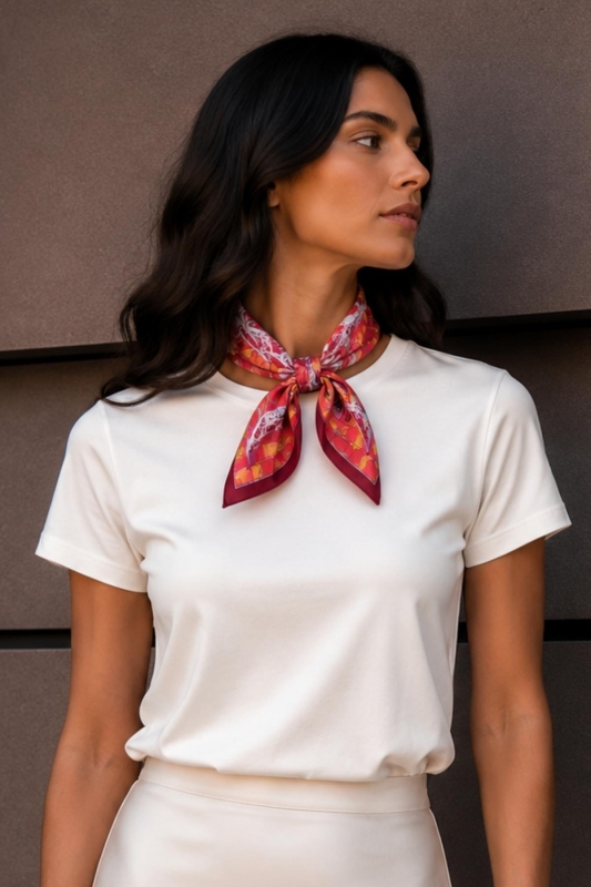 Eyfel Çiçek Desen Mercan-Bordo Soft Bandana Fular 50x50 cm - 3