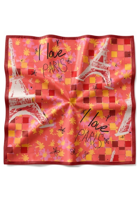 Eyfel Çiçek Desen Mercan-Bordo Soft Bandana Fular 50x50 cm - 5