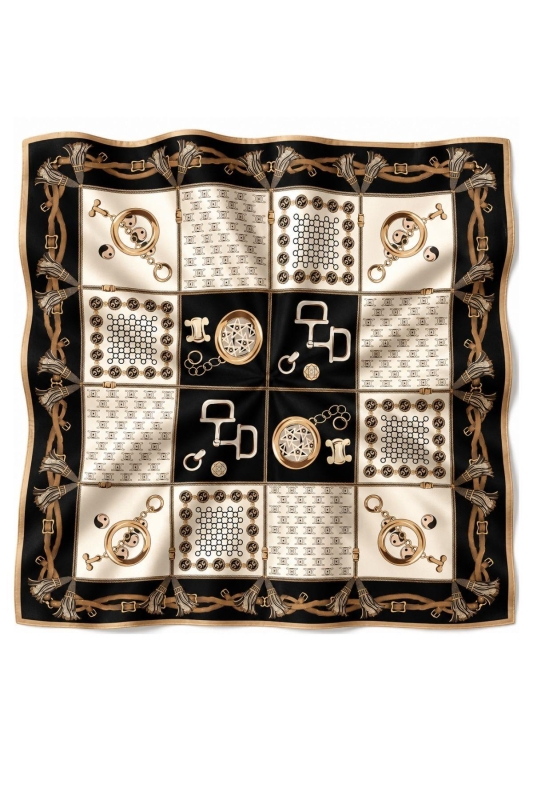 Geometrik Zincir Tokalı Desen Siyah-Bej Soft Bandana Fular 50x50 cm - 3