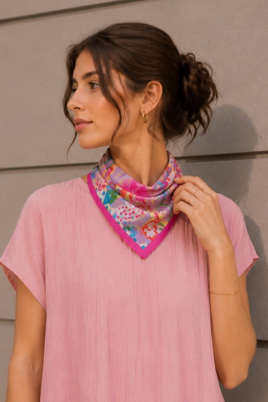 Lilyum Bahçesi Desen Pembe-Lila Soft Bandana Fular 50x50 cm - Afvente