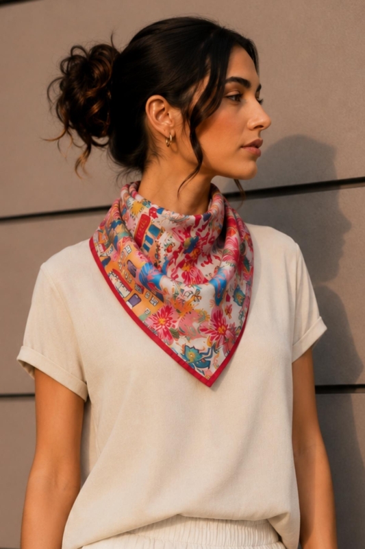 Masal Desen Kırmızı-Pudra Soft Bandana Fular 50x50 cm - Afvente