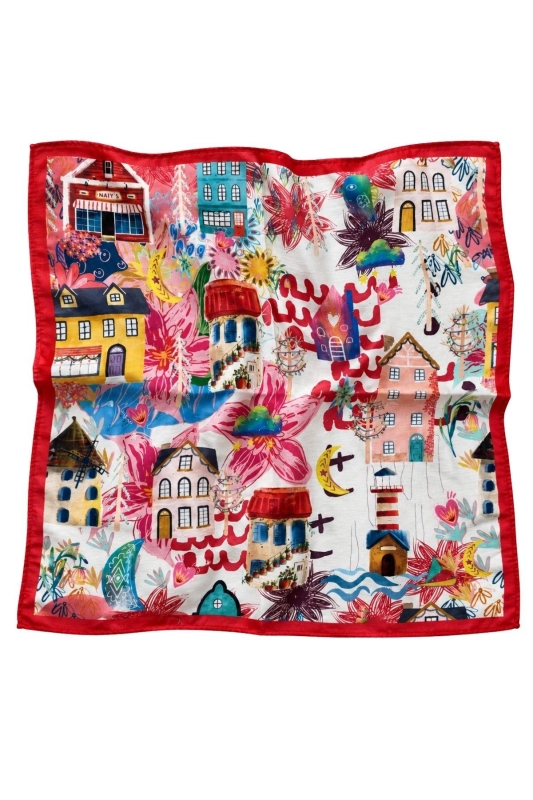 Masal Desen Kırmızı-Pudra Soft Bandana Fular 50x50 cm - 5