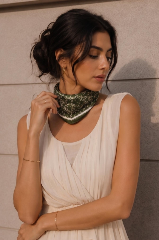 Minimal Geometri Desen Haki-Bej Soft Bandana Fular 50x50 cm - Afvente