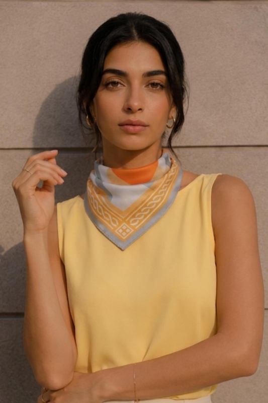 Minimal Geometrik Çizgi Desen Hardal-Bej Soft Bandana Fular 50x50 cm - Afvente