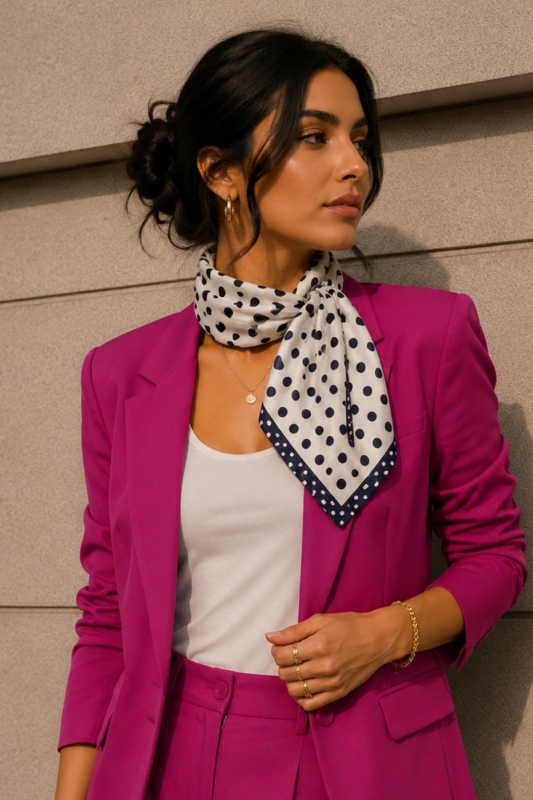 Minimal Puantiye Desen Ekru-Siyah Soft Bandana Fular 50x50 cm - Afvente