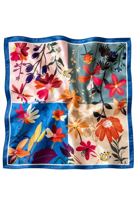 Patchwork Çiçek Bahçesi Desen Mavi-Pudra Soft Bandana Fular 50x50 cm - 4