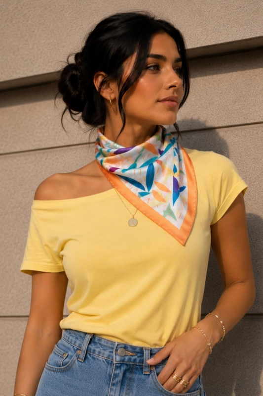 Renkli Yaprak Desen Somon-Mint Soft Bandana Fular 50x50 cm - Afvente