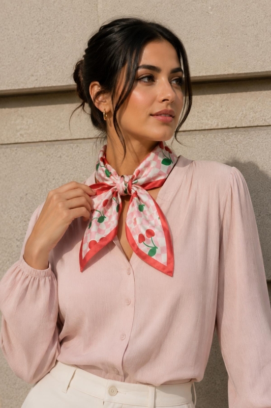 Retro Kiraz Desen Pembe-Kırmızı Soft Bandana Fular 50x50 cm - Afvente