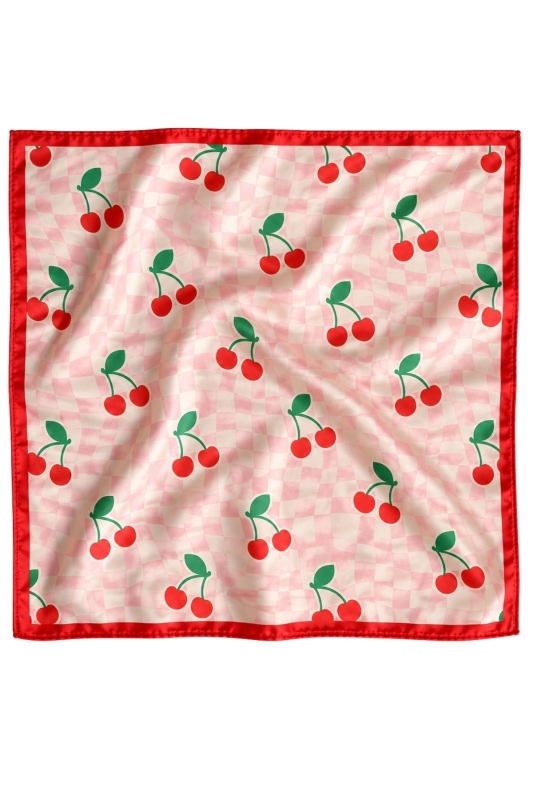 Retro Kiraz Desen Pembe-Kırmızı Soft Bandana Fular 50x50 cm - 3