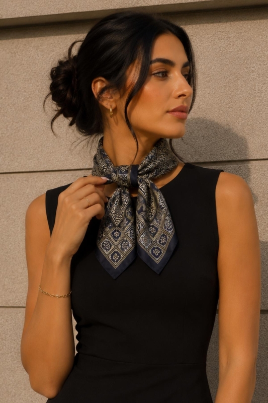 Royal Saray Desen Siyah-Gold Soft Bandana Fular 50x50 cm - Afvente