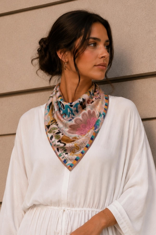 Soyut Bahçe Desen Pudra-Mint Soft Bandana Fular 50x50 cm - Afvente