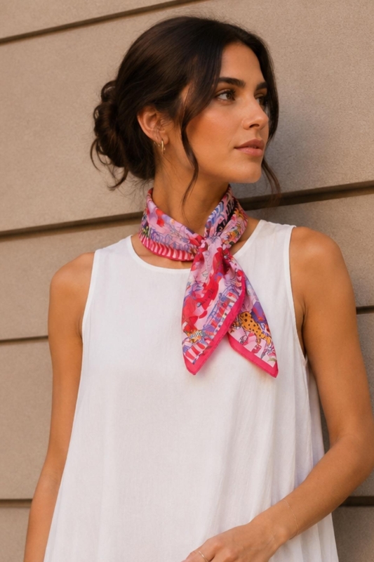 Tropik Leopar Desen Fuşya-Kırmızı Soft Bandana Fular 50x50 cm - Afvente