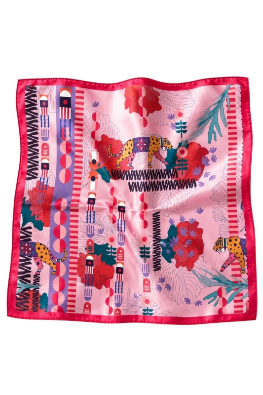 Tropik Leopar Desen Fuşya-Kırmızı Soft Bandana Fular 50x50 cm - 5