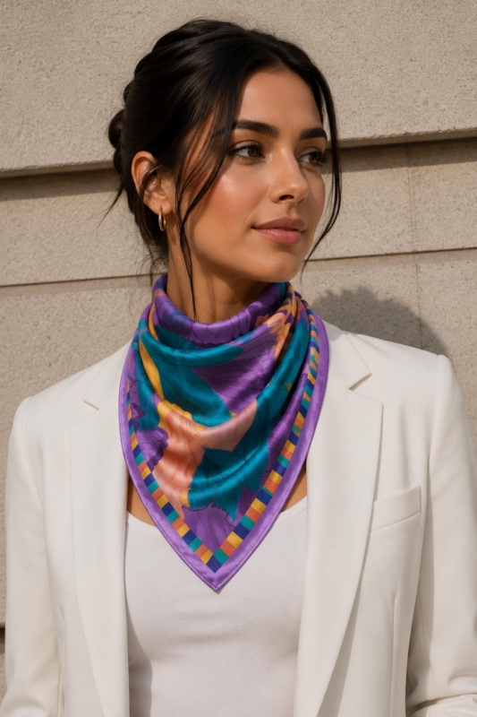 Yaprak Harmanı Desen Mor-Petrol Soft Bandana Fular 50x50 cm - Afvente