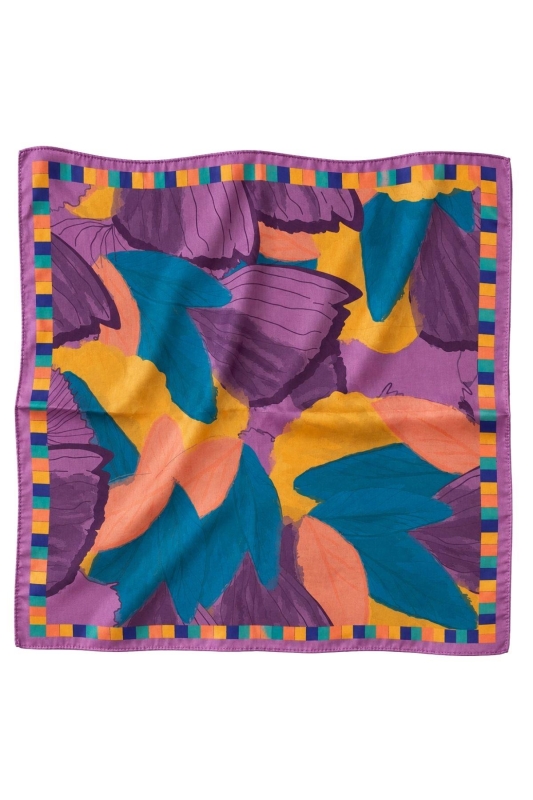 Yaprak Harmanı Desen Mor-Petrol Soft Bandana Fular 50x50 cm - 3