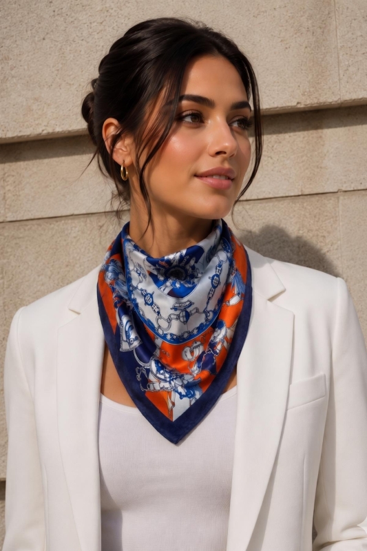Zincir Desen Saks-Turuncu Soft Bandana Fular 50x50 cm - Afvente