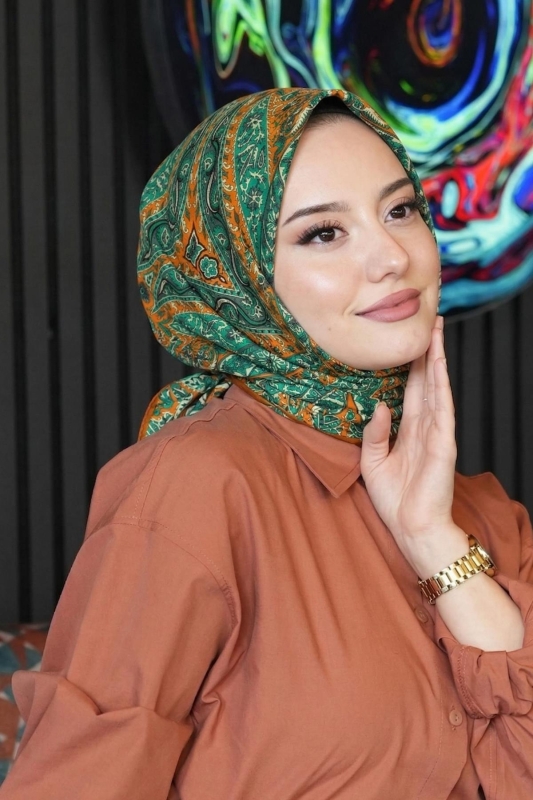 Etnik Yıldız Desen Zümrüt Pamuk Eşarp - Afvente