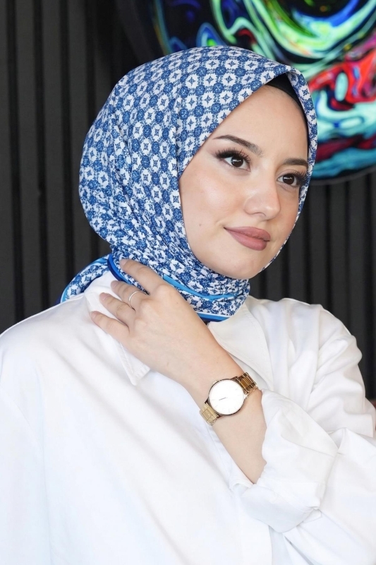 İznik Dokusu Desen Buz Mavi Pamuk Eşarp - Afvente