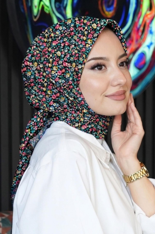 Mini Çiçek Desen Fuşya Pamuk Eşarp - Afvente