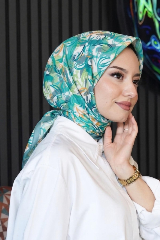 Soyut Yaprak Desen Mint Pamuk Eşarp - Afvente