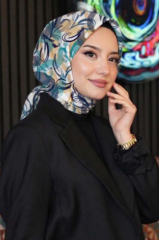 Soyut Yaprak Desen Yeşil Pamuk Eşarp - Afvente