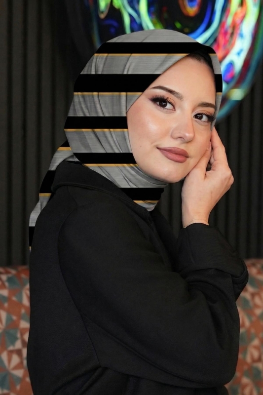 Çizgili Desen Gri Soft Pamuk Eşarp - 1