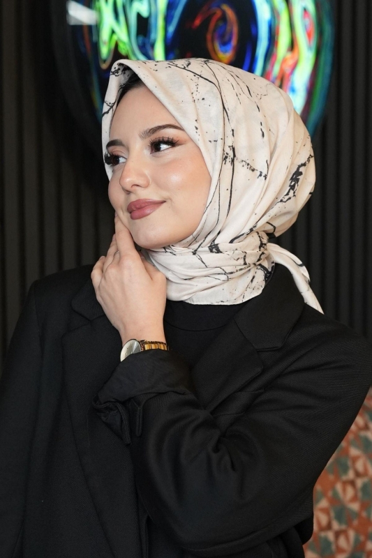 Mermer Desen Bej Soft Pamuk Eşarp - 1