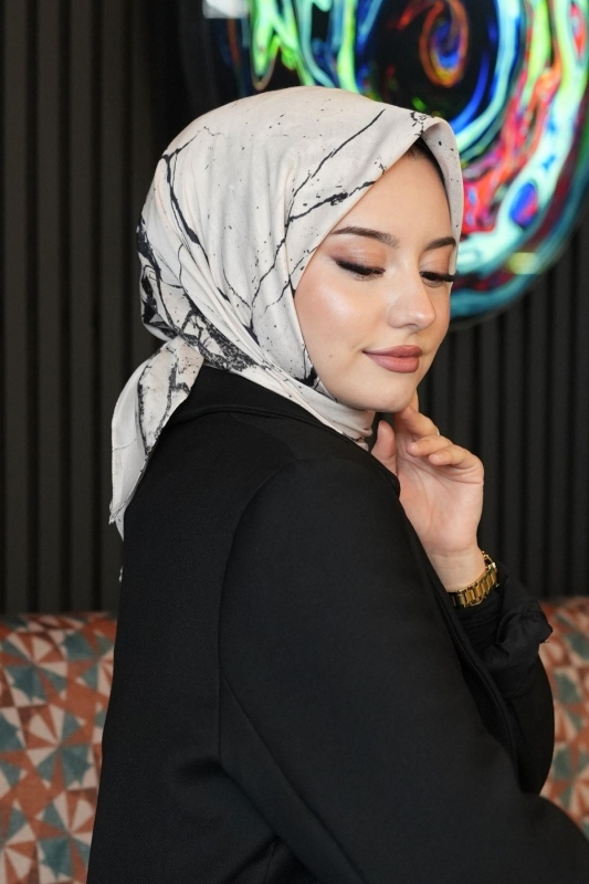 Mermer Desen Bej Soft Pamuk Eşarp - 2