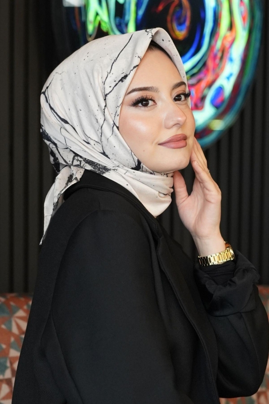 Mermer Desen Bej Soft Pamuk Eşarp - 3