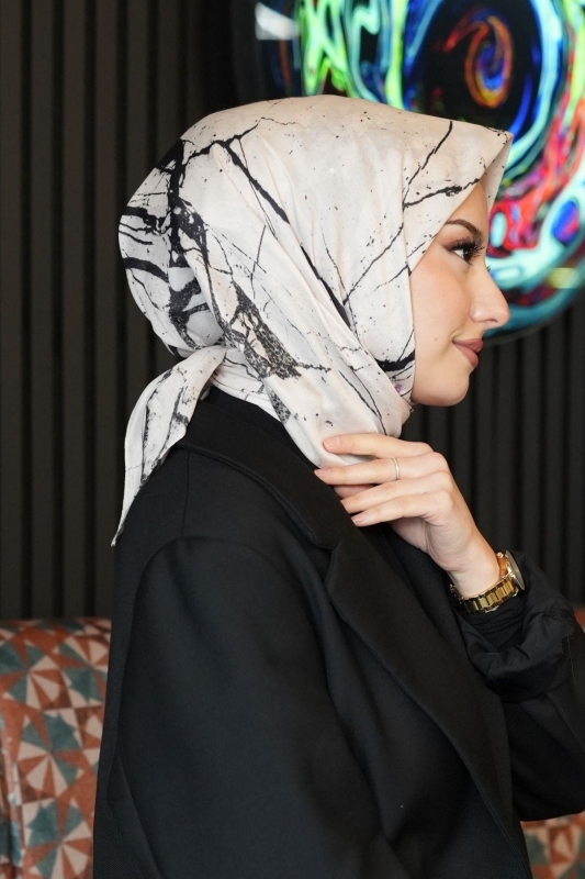 Mermer Desen Bej Soft Pamuk Eşarp - 4
