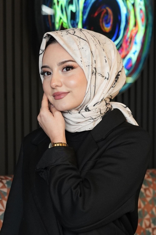 Mermer Desen Bej Soft Pamuk Eşarp - 5