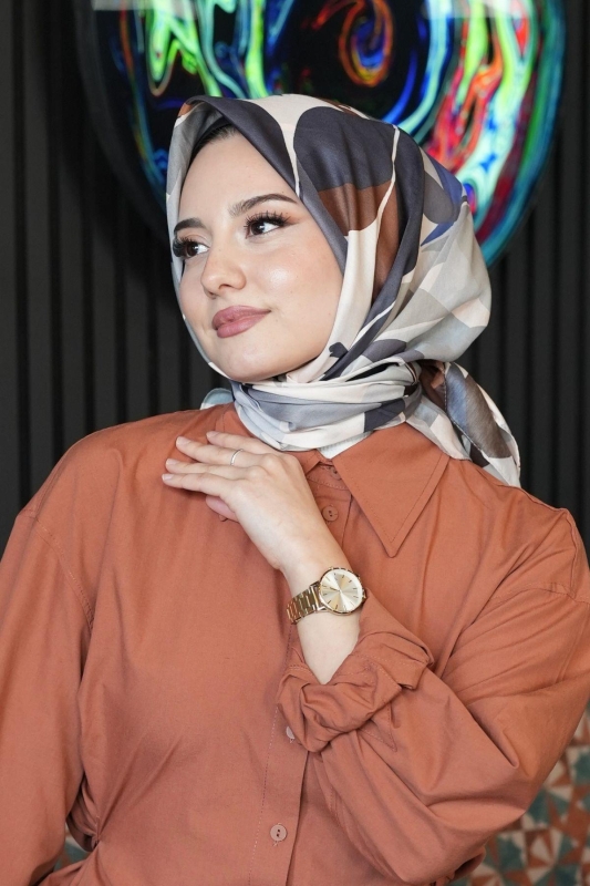 Yaprak Desen Mavi Soft Pamuk Eşarp - 1