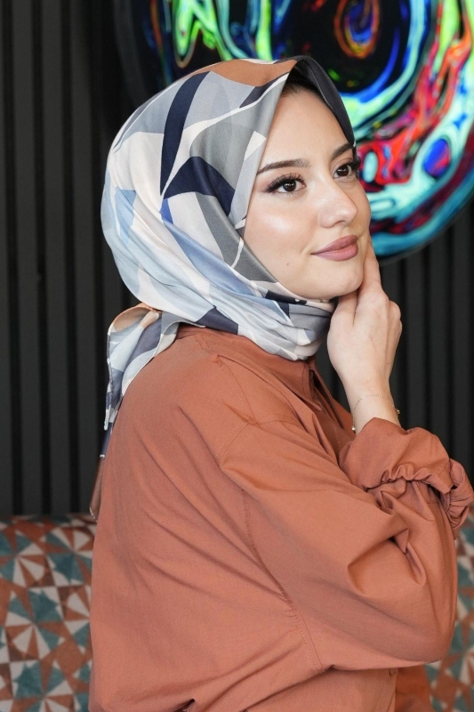 Yaprak Desen Mavi Soft Pamuk Eşarp - 2