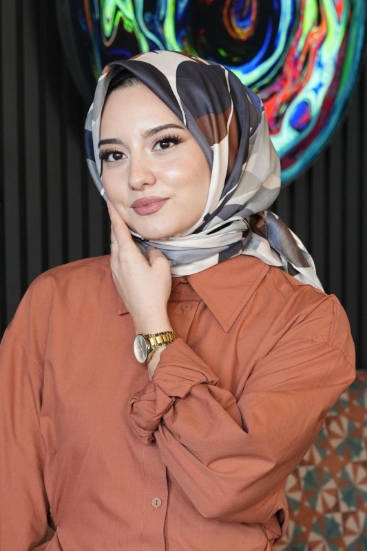 Yaprak Desen Mavi Soft Pamuk Eşarp - 3