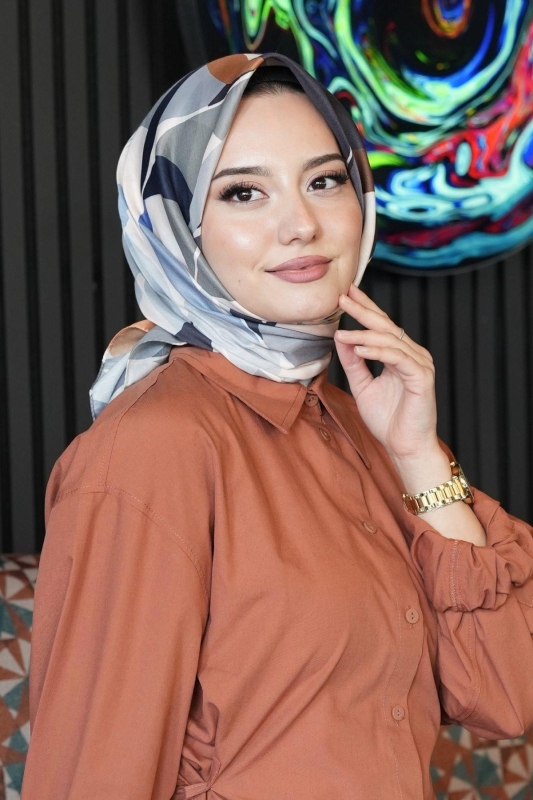Yaprak Desen Mavi Soft Pamuk Eşarp - 4