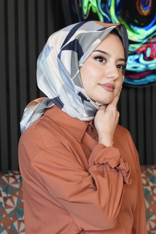 Yaprak Desen Mavi Soft Pamuk Eşarp - 5