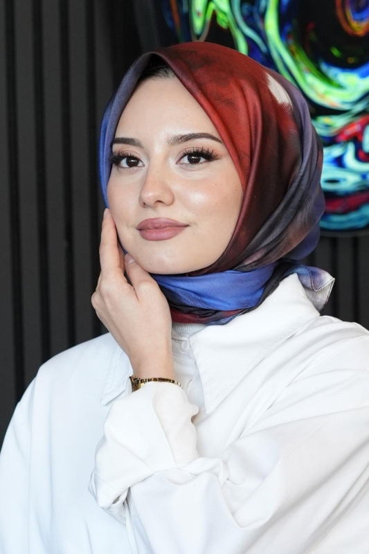 Abstrakt Desen Kırmızı Soft Pamuk Eşarp - 1