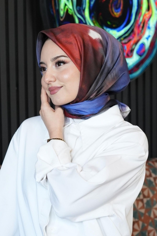 Abstrakt Desen Kırmızı Soft Pamuk Eşarp - 3