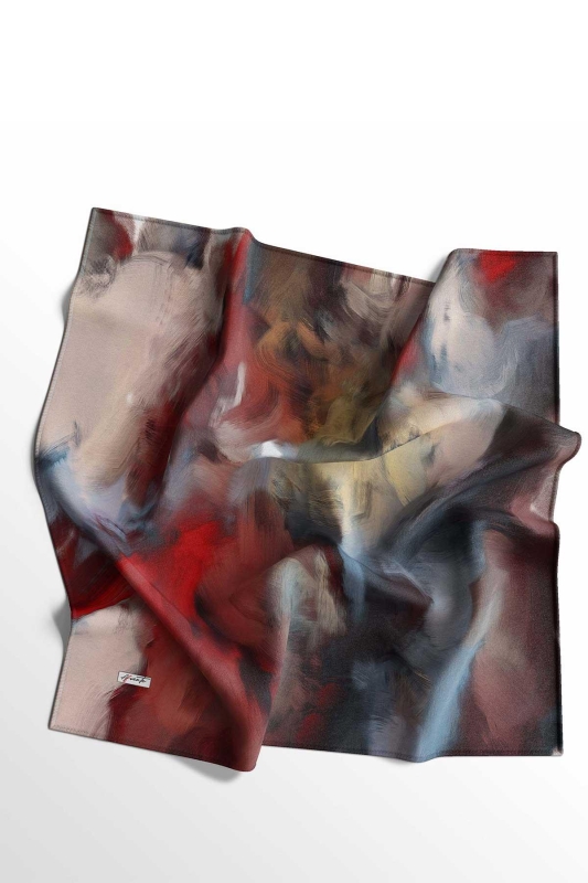Abstrakt Desen Kırmızı Soft Pamuk Eşarp - 4