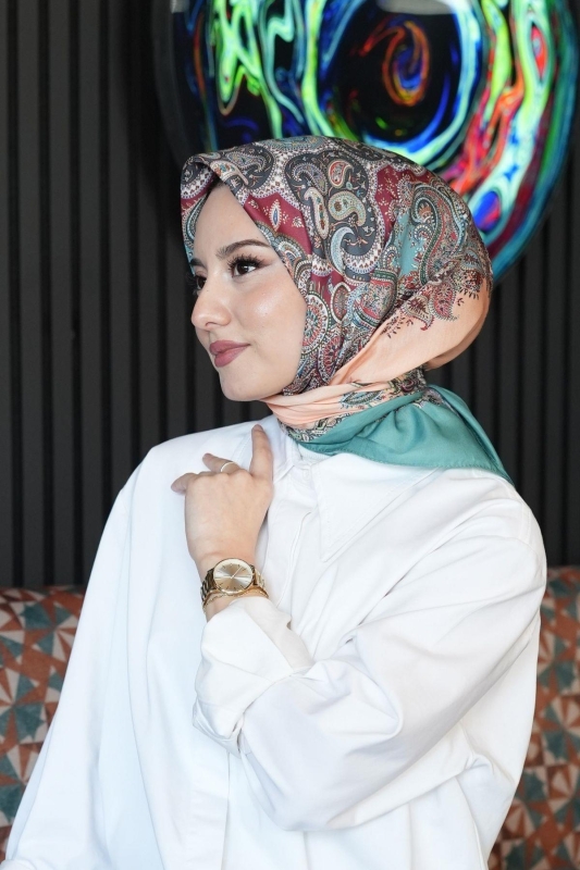 Paisley Desen Turkuaz Soft Pamuk Eşarp - 3