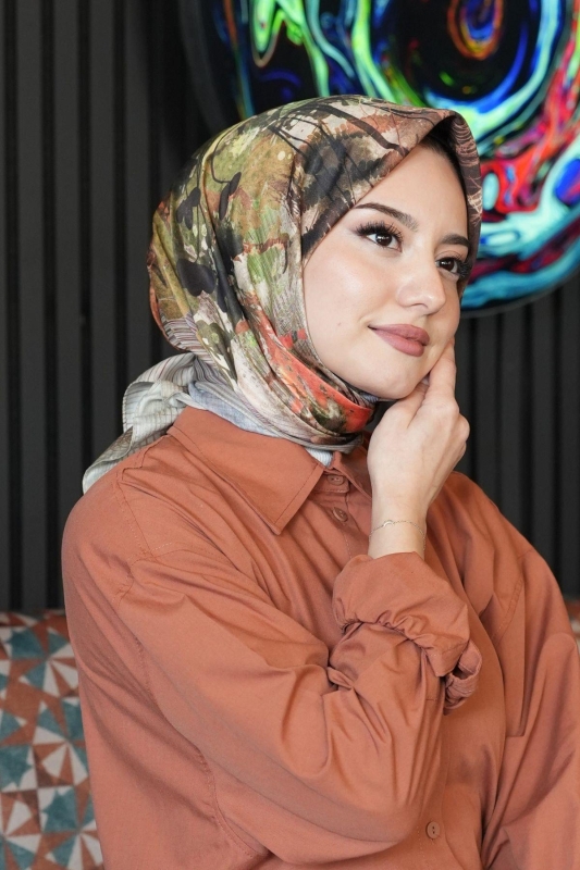 Doğa Desen Gri Soft Pamuk Eşarp - 1